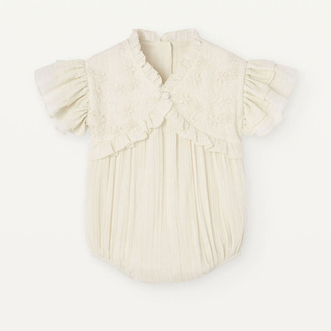 Popelin Off-White Romper Suit With Embroidered Tulle Yoke