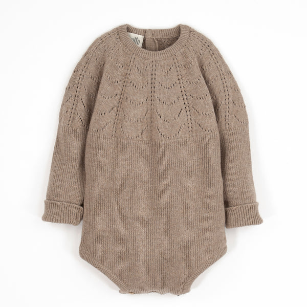 Popelin Camel Openwork Knit Romper Suit