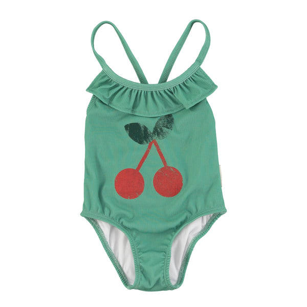 Piupiuchick Swimsuit W/ Ruffles | Green W/ Cherry Print