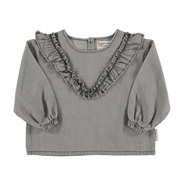 Piupiuchick Blouse W/ V-Neck Ruffles On Chest | Grey Chambray