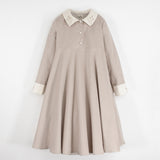 Popelin Beige Velvet Dress With Cape-Style Skirt And Embroidered Collar