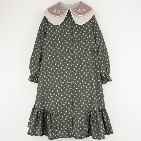 Popelin Green Floral Dress With Double Embroidered Collar