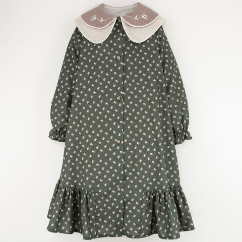 Popelin Green Floral Dress With Double Embroidered Collar