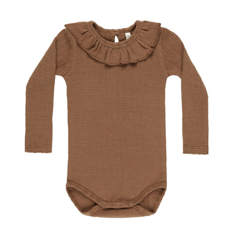 RYLEE & CRU RUFFLE COLLAR BODYSUIT || SADDLE