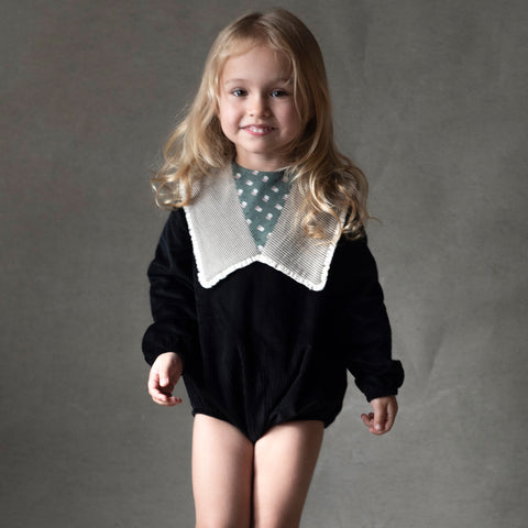 Popelin Black Romper Suit With Oversized Bib Collar