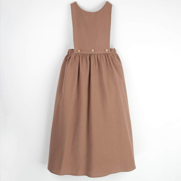 Popelin Brown Textured Midi Dress With Removable Bib