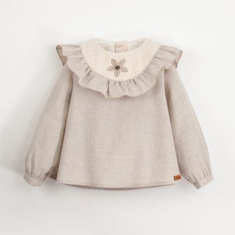 Popelin Sand Rounded Yolk Blouse