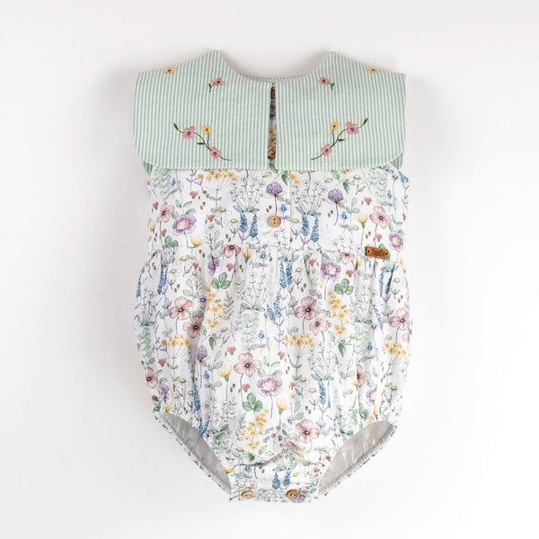 Popelin Floral Romper Suit With Bib Collar