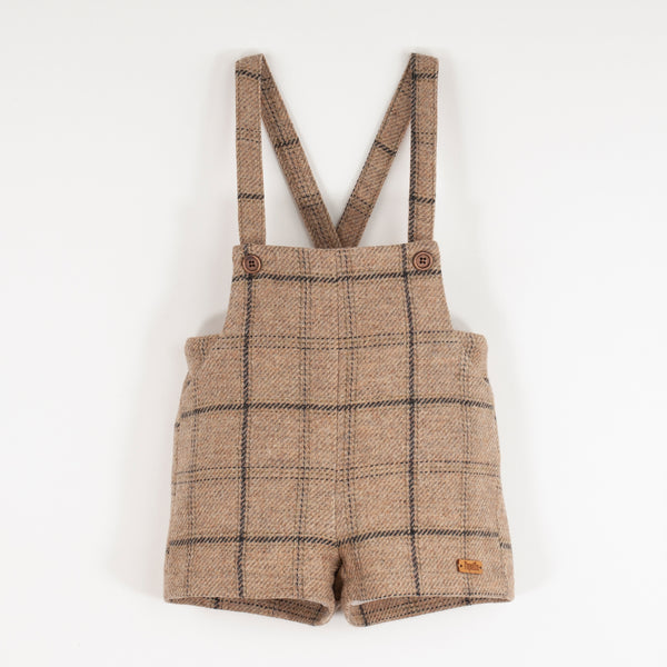 Popelin Beige Plaid Woollen Short Romper Suit With Pockets