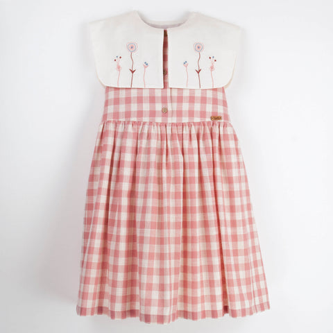 Popelin Pink Check Dress With Bib Collar