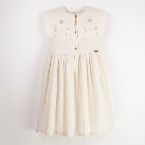 Popelin Off-White Dress With Bib Collar