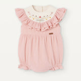 Popelin Pink Romper Suit With Embroidered Yoke And Frills