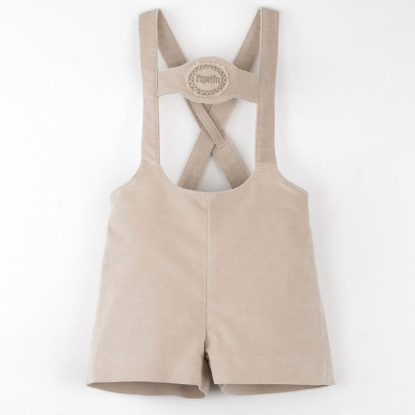 Popelin Beige Velvet Short Dungarees With Embroidery Applique