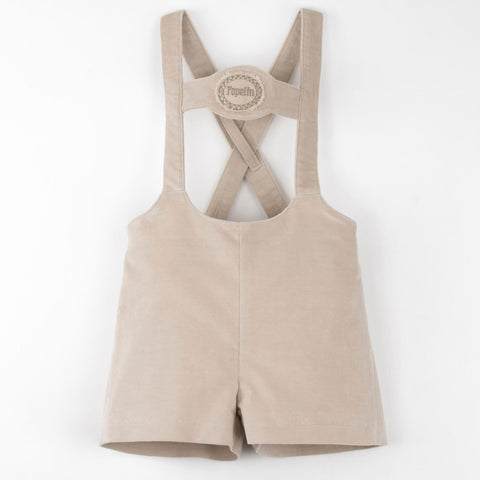 Popelin Beige Velvet Short Dungarees With Embroidery Applique