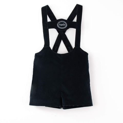 Popelin Black Velvet Short Dungarees With Embroidery Applique