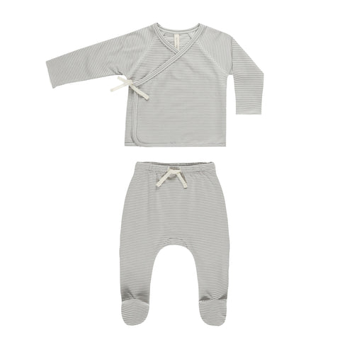 QUINCY MAE WRAP TOP + FOOTED PANT SET || BLUE MICRO STRIPE