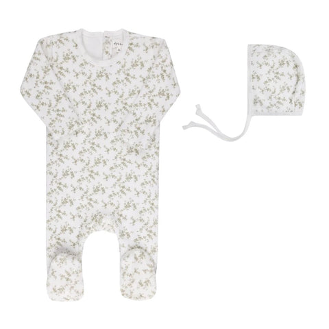 Ely’s & Co Velour Vine Pattern Collection - Sage on Ivory - Footie + Bonnet