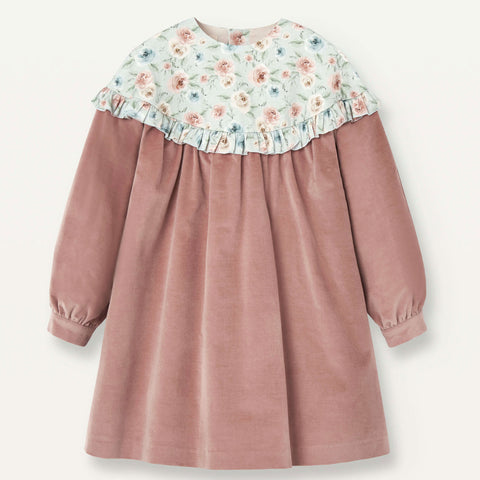 Popelin Pink Velvet Dress With Floral Yoke