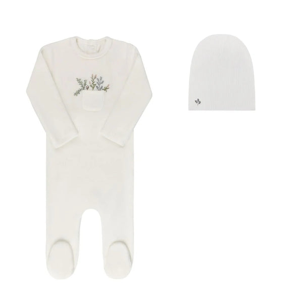 Ely’s & Co Velour Pocket Full of Flowers Collection - Ivory/Blue - Footie + Cotton Beanie