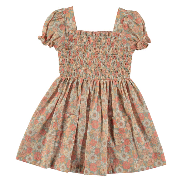 Tocoto Vintage Girls Floral Honeycomb Dress Pink