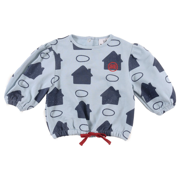 Loud Apparel Step Blouse Sky Blue Houses Aop