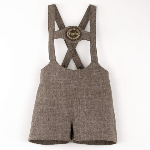 Popelin Brown Oxford Cloth Short Dungarees With Embroidery Applique