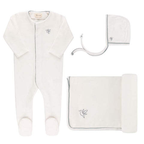 Ely’s & Co Velour Embroidered Bird Collection - Ivory - Standard 3 Pc Set