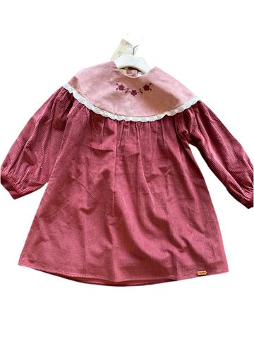 Popelin Burgundy Velvet Dress With Floral Yoke