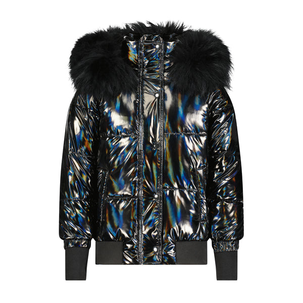 SCOTCH BONNET Girl Bomber Black Iridescent Black Fur 123