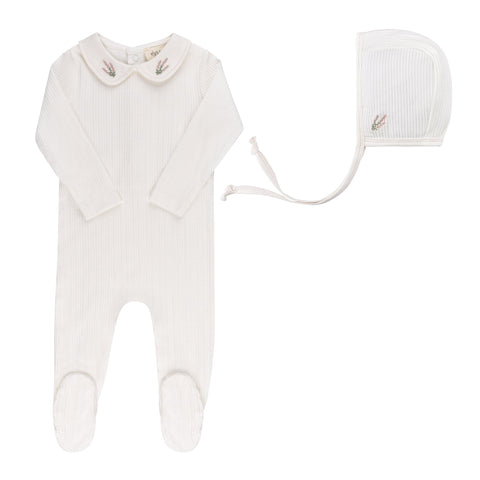 Ely’s & Co Organic Embroidered Collar Collection - Ivory Heather - Footie + Bonnet