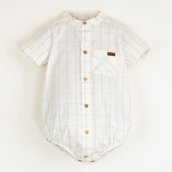 Popelin White Plaid Romper Suit With Mandarin Collar