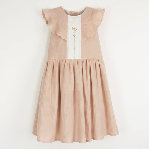 Popelin Pink Organic Dress With Yoke And Frill