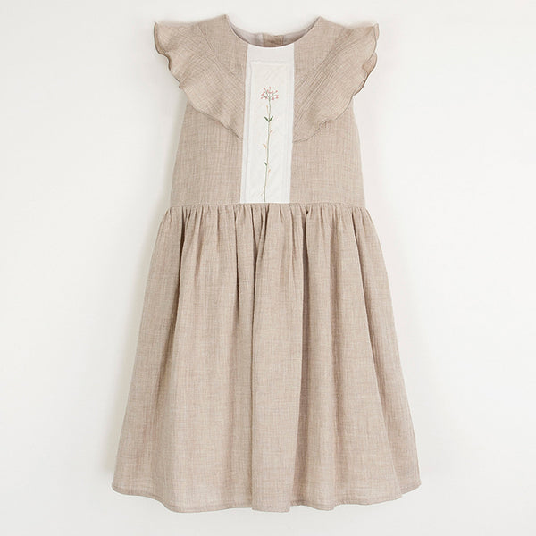 Popelin Sand Organic Dress With Yoke And Frill