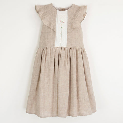 Popelin Sand Organic Dress With Yoke And Frill